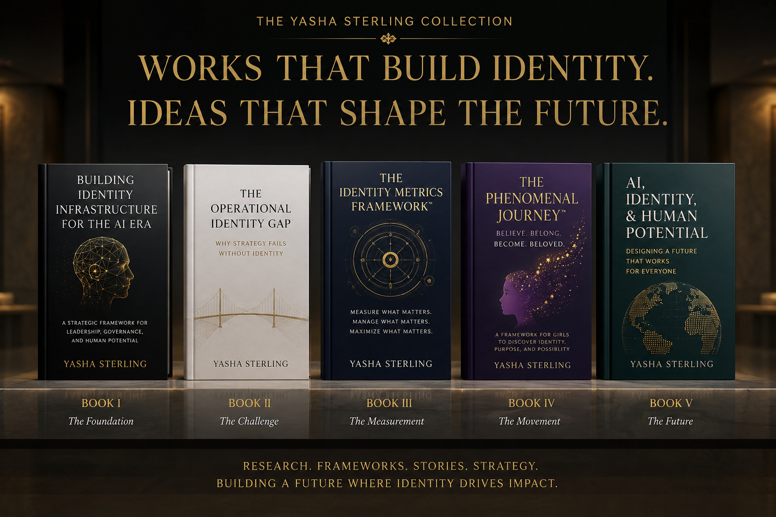 The Yasha Sterling Collection displayed as five books in a luxury gallery setting